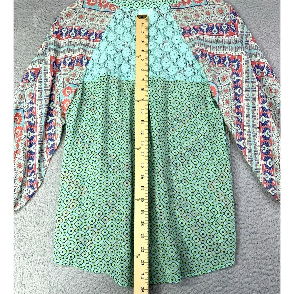 Anthropologie Fig and Flower Blouse Womens Size Medium Teal Multicolor Sheer - Picture 7 of 12